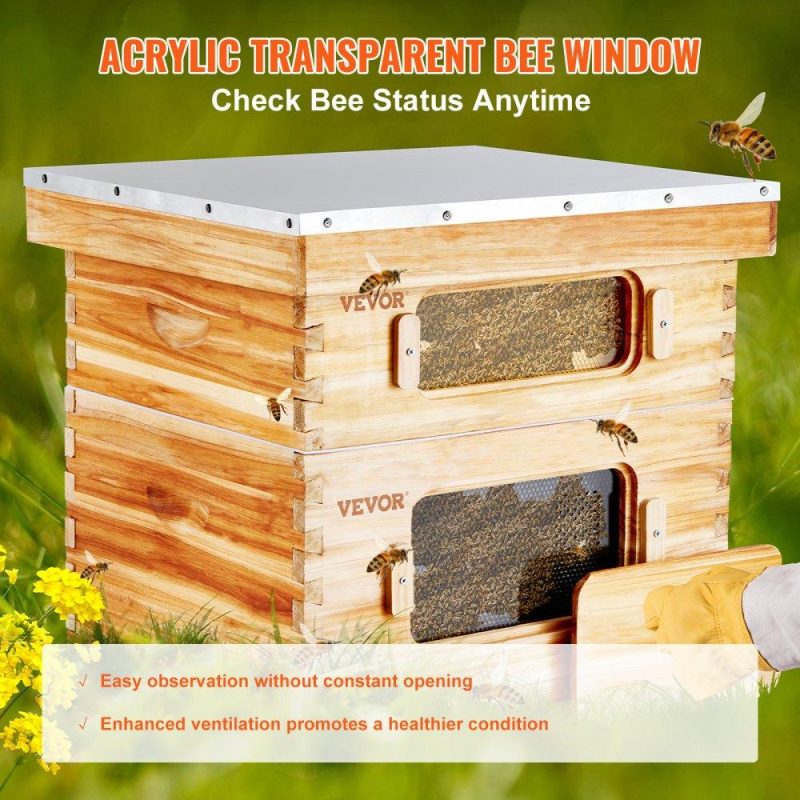 Beekeeping Supplies | Bee Hive 20 Frame Bee Hives Starter Kit, Beeswax Coated Cedar Wood, 1 Deep + 1 Medium Bee Boxes Langstroth Beehive Kit, Transparent Acrylic Windows with Foundations for Beginners Pro Beekeepers Agriculture & Forestry Equipment Beekeeping Supplies