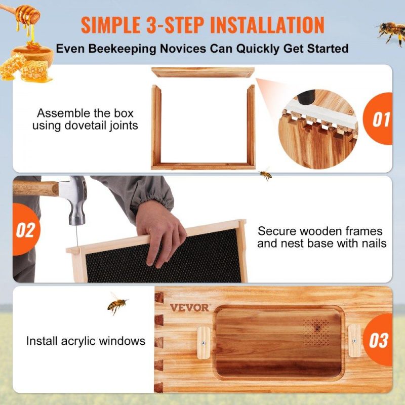 Beekeeping Supplies | Bee Hive 20 Frame Bee Hives Starter Kit, Beeswax Coated Cedar Wood, 1 Deep + 1 Medium Bee Boxes Langstroth Beehive Kit, Transparent Acrylic Windows with Foundations for Beginners Pro Beekeepers Agriculture & Forestry Equipment Beekeeping Supplies