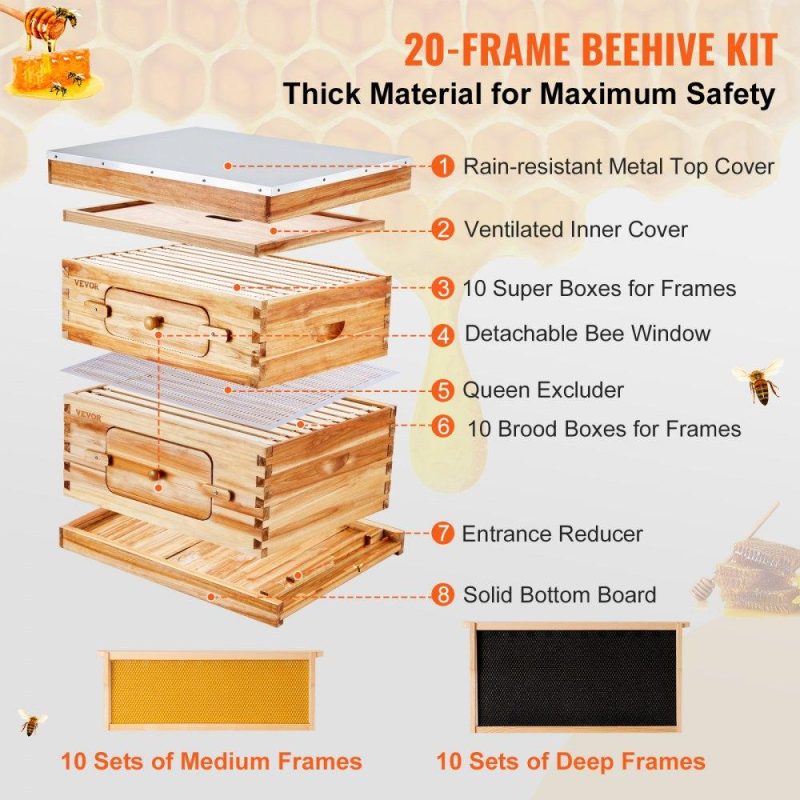 Beekeeping Supplies | Bee Hive 20 Frame Bee Hives Starter Kit, Beeswax Coated Cedar Wood, 1 Deep + 1 Medium Bee Boxes Langstroth Beehive Kit, Transparent Acrylic Windows with Foundations for Beginners Pro Beekeepers Agriculture & Forestry Equipment Beekeeping Supplies