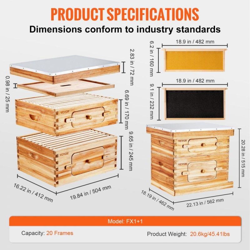 Beekeeping Supplies | Bee Hive 20 Frame Bee Hives Starter Kit, Beeswax Coated Cedar Wood, 1 Deep + 1 Medium Bee Boxes Langstroth Beehive Kit, Transparent Acrylic Windows with Foundations for Beginners Pro Beekeepers Agriculture & Forestry Equipment Beekeeping Supplies