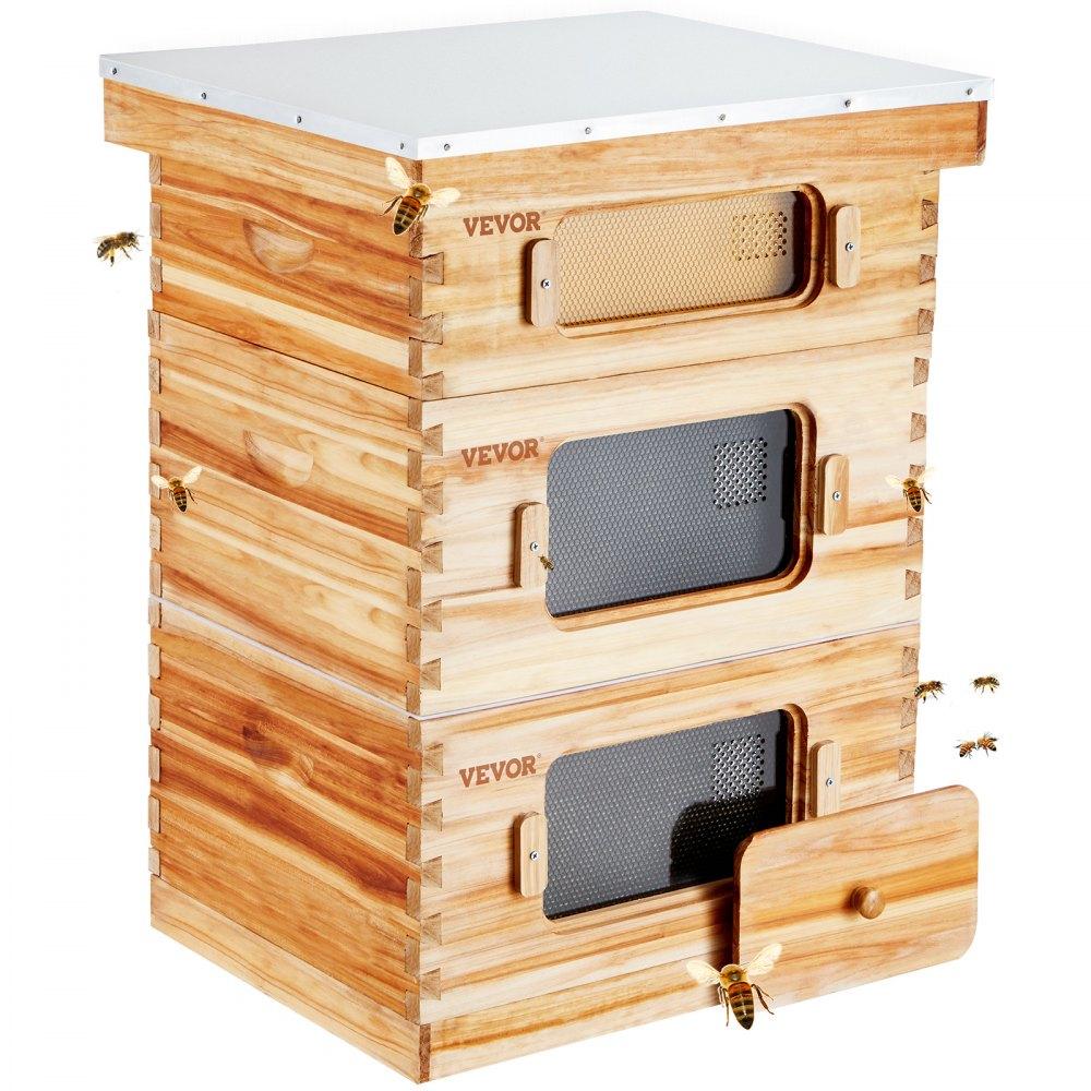 Beekeeping Supplies | Bee Hive 30 Frame Bee Hives Starter Kit, Beeswax Coated Cedar Wood, 2 Deep + 1 Medium Bee Boxes Langstroth Beehive Kit, Transparent Acrylic Windows with Foundations for Beginners Pro Beekeepers Agriculture & Forestry Equipment Beekeeping Supplies