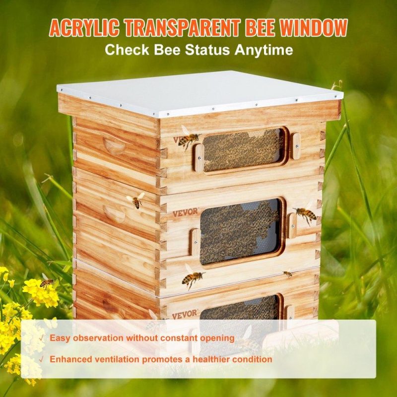 Beekeeping Supplies | Bee Hive 30 Frame Bee Hives Starter Kit, Beeswax Coated Cedar Wood, 2 Deep + 1 Medium Bee Boxes Langstroth Beehive Kit, Transparent Acrylic Windows with Foundations for Beginners Pro Beekeepers Agriculture & Forestry Equipment Beekeeping Supplies