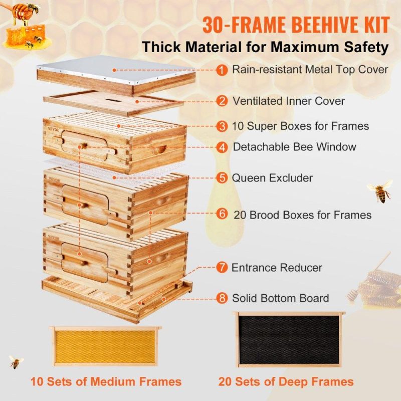 Beekeeping Supplies | Bee Hive 30 Frame Bee Hives Starter Kit, Beeswax Coated Cedar Wood, 2 Deep + 1 Medium Bee Boxes Langstroth Beehive Kit, Transparent Acrylic Windows with Foundations for Beginners Pro Beekeepers Agriculture & Forestry Equipment Beekeeping Supplies