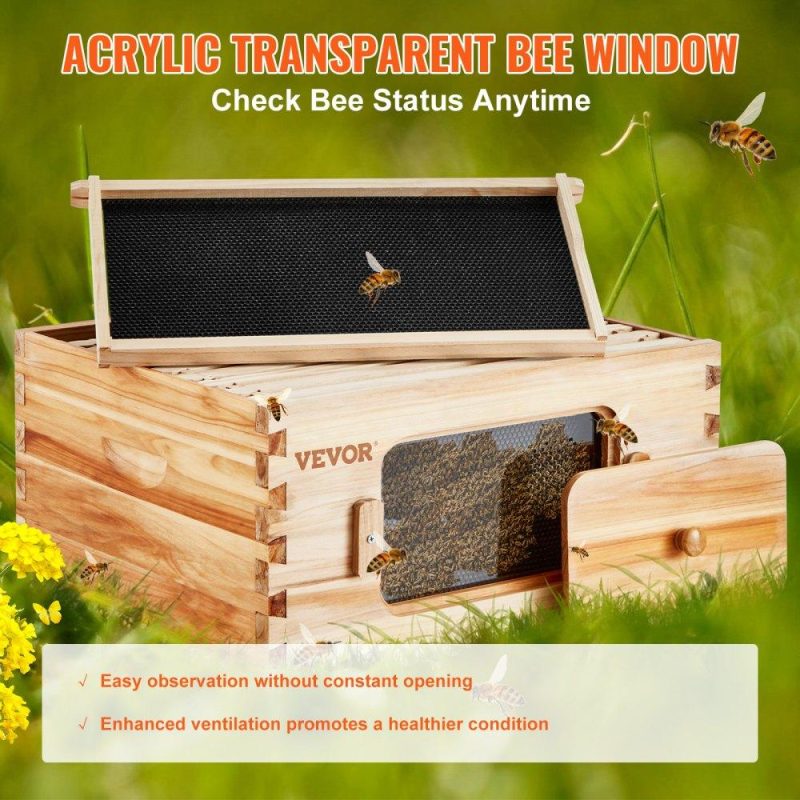 Beekeeping Supplies | Bee Hive Deep Box Starter Kit, 100% Beeswax Coated Natural Cedar Wood, Langstroth Beehive Kit with 10 Frames and Foundations, Transparent Acrylic Bee Windows for Beginners and Pro Beekeepers Agriculture & Forestry Equipment Beekeeping Supplies