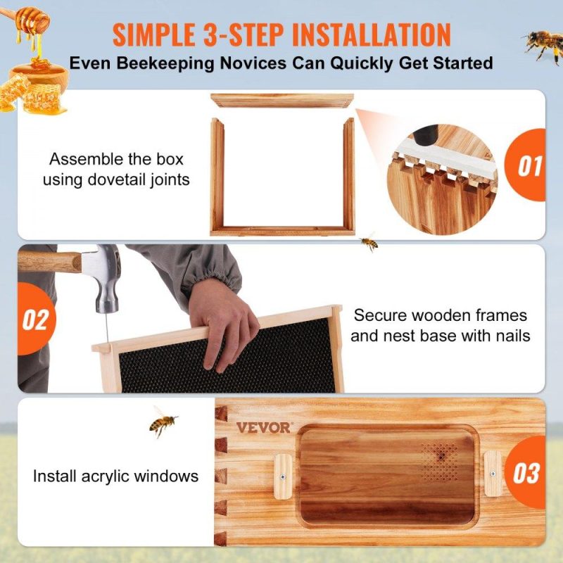 Beekeeping Supplies | Bee Hive Deep Box Starter Kit, 100% Beeswax Coated Natural Cedar Wood, Langstroth Beehive Kit with 10 Frames and Foundations, Transparent Acrylic Bee Windows for Beginners and Pro Beekeepers Agriculture & Forestry Equipment Beekeeping Supplies