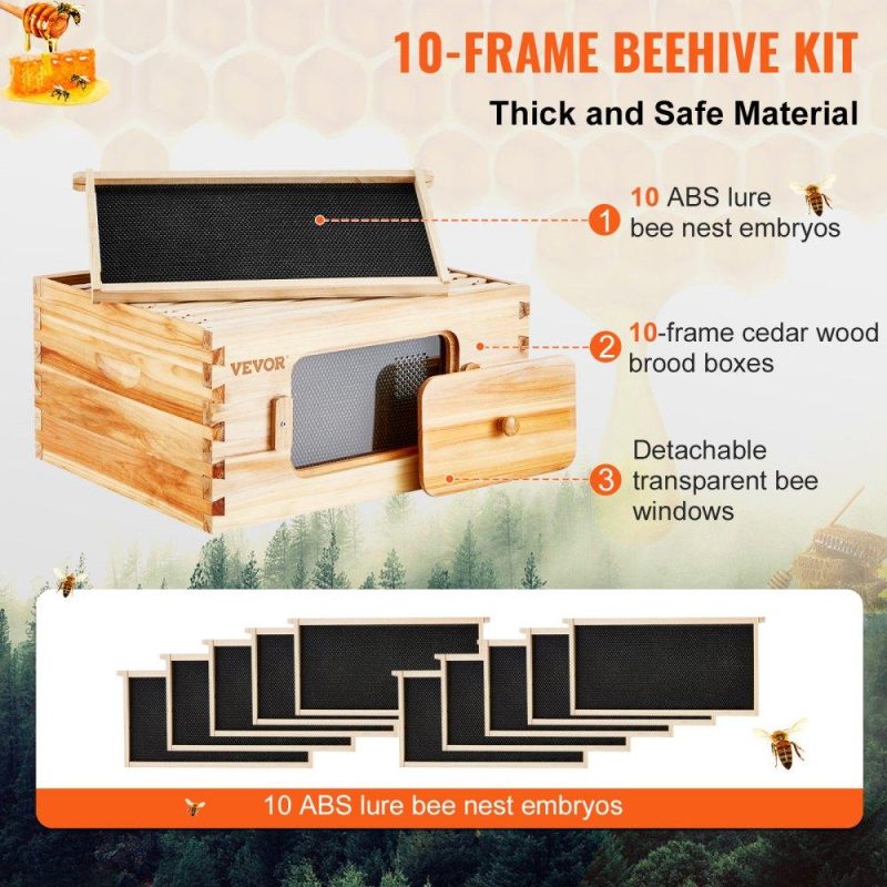 Beekeeping Supplies | Bee Hive Deep Box Starter Kit, 100% Beeswax Coated Natural Cedar Wood, Langstroth Beehive Kit with 10 Frames and Foundations, Transparent Acrylic Bee Windows for Beginners and Pro Beekeepers Agriculture & Forestry Equipment Beekeeping Supplies