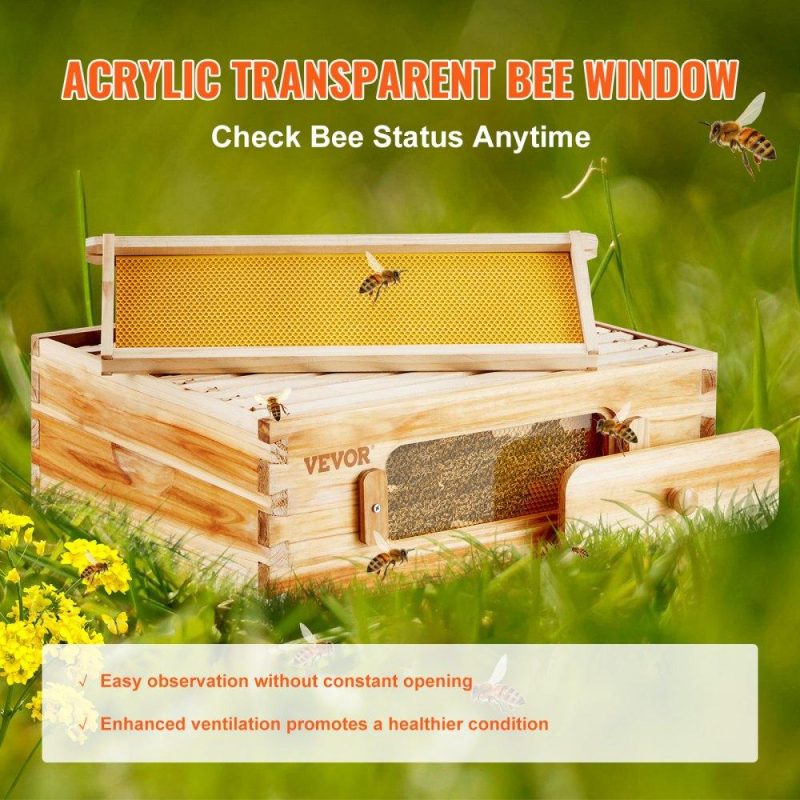 Beekeeping Supplies | Bee Hive Medium Box Starter Kit, 100% Beeswax Coated Natural Cedar Wood, Langstroth Beehive Kit with 10 Frames and Foundations, Transparent Acrylic Bee Windows for Beginners and Pro Beekeepers Agriculture & Forestry Equipment Beekeeping Supplies