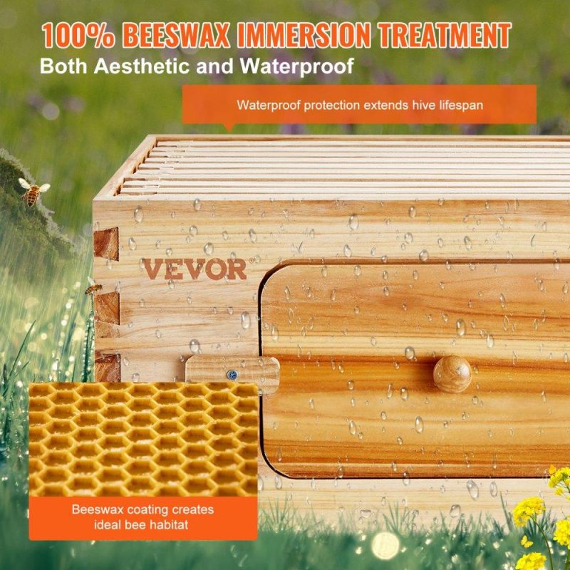 Beekeeping Supplies | Bee Hive Medium Box Starter Kit, 100% Beeswax Coated Natural Cedar Wood, Langstroth Beehive Kit with 10 Frames and Foundations, Transparent Acrylic Bee Windows for Beginners and Pro Beekeepers Agriculture & Forestry Equipment Beekeeping Supplies