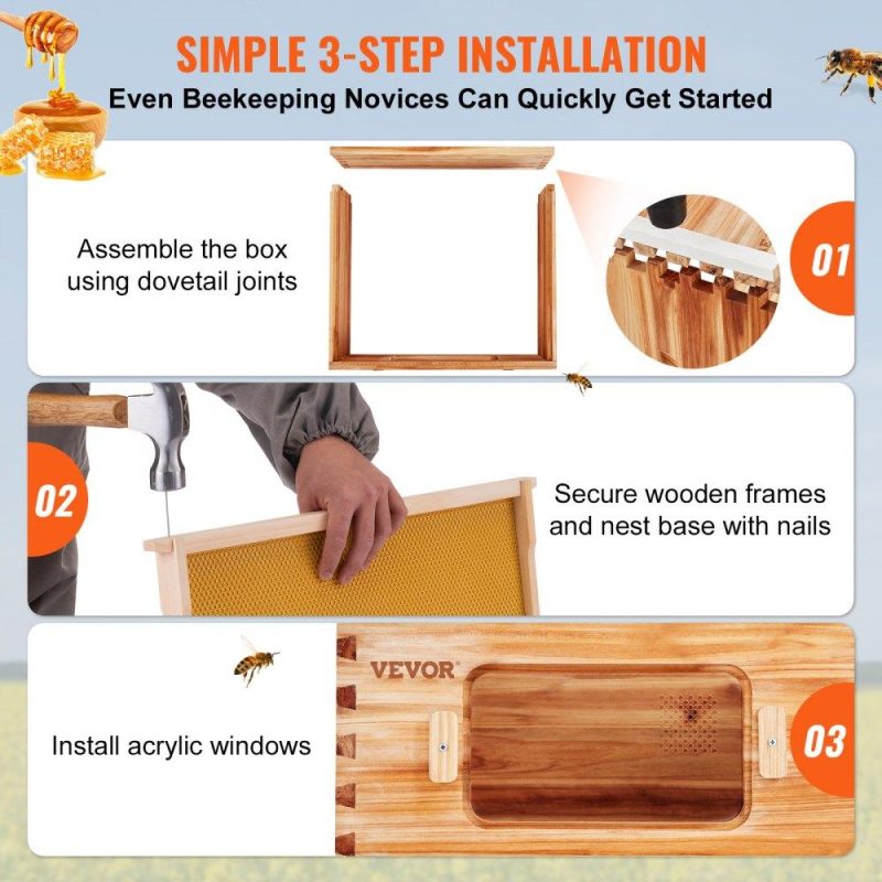 Beekeeping Supplies | Bee Hive Medium Box Starter Kit, 100% Beeswax Coated Natural Cedar Wood, Langstroth Beehive Kit with 10 Frames and Foundations, Transparent Acrylic Bee Windows for Beginners and Pro Beekeepers Agriculture & Forestry Equipment Beekeeping Supplies