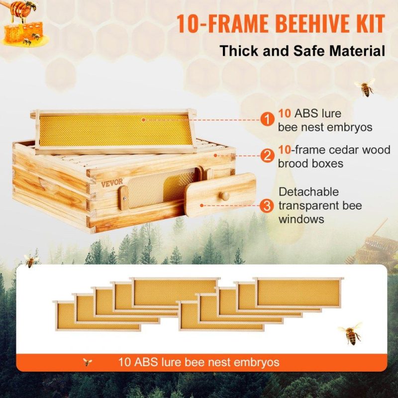 Beekeeping Supplies | Bee Hive Medium Box Starter Kit, 100% Beeswax Coated Natural Cedar Wood, Langstroth Beehive Kit with 10 Frames and Foundations, Transparent Acrylic Bee Windows for Beginners and Pro Beekeepers Agriculture & Forestry Equipment Beekeeping Supplies