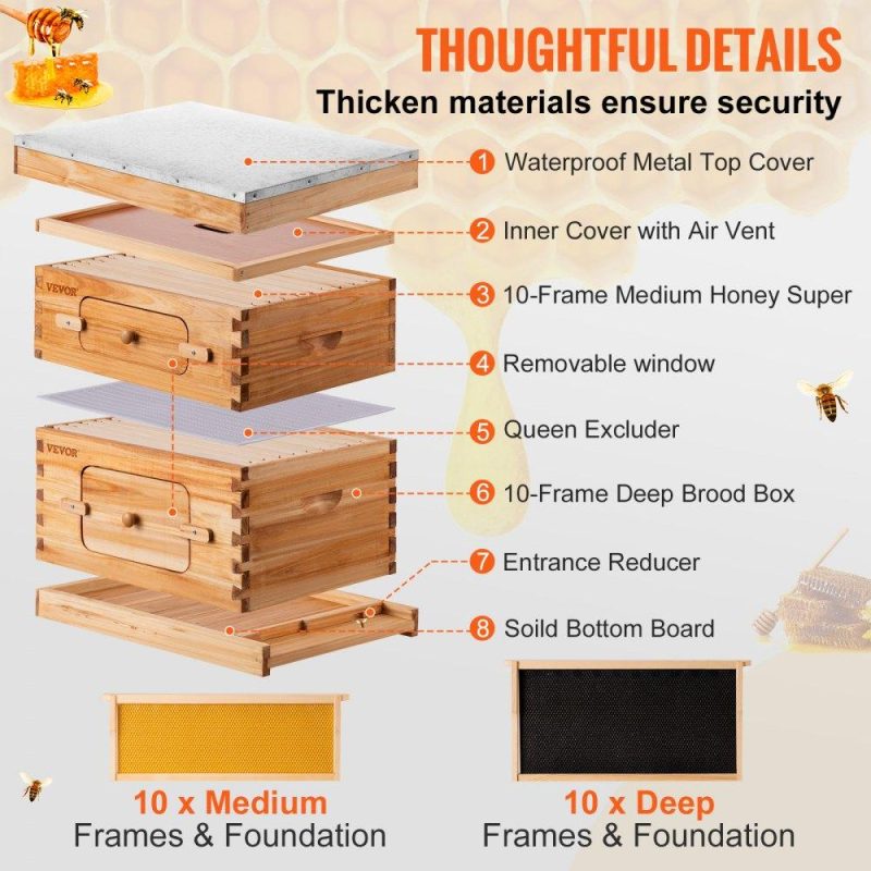 Beekeeping Supplies | Beehive Box Kit Bee Honey Hive 20 Frames 1 Deep 1 Medium Natural Fir Wood Agriculture & Forestry Equipment Beekeeping Supplies