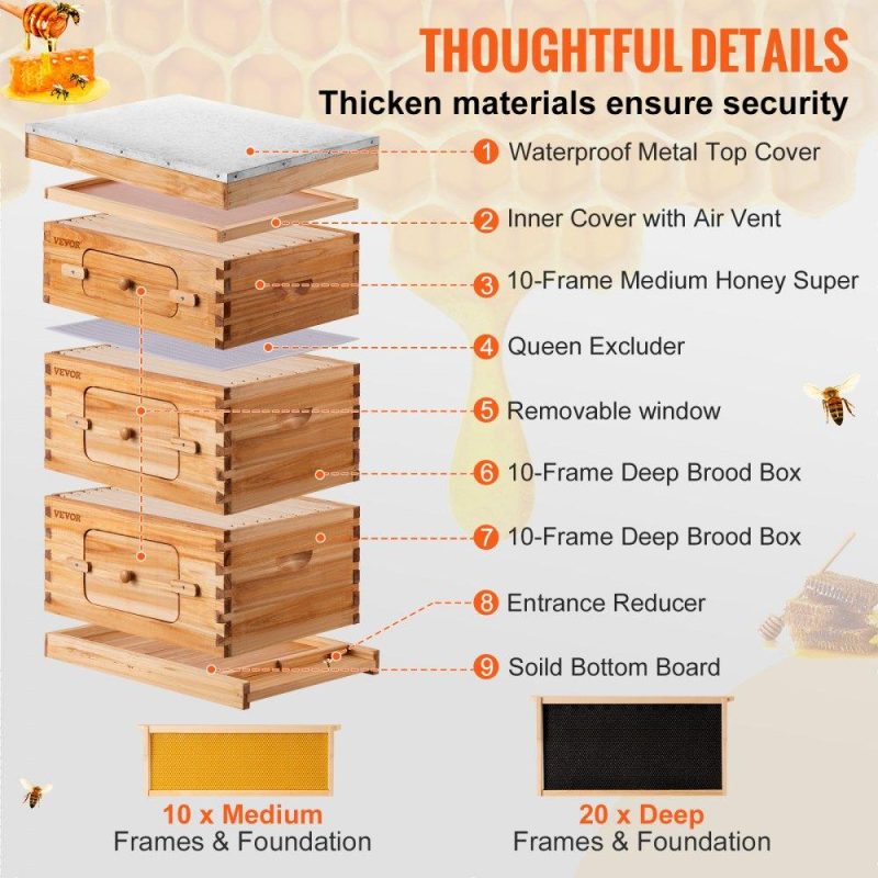 Beekeeping Supplies | Beehive Box Kit Bee Honey Hive 30 Frames 2 Deep 1 Medium Natural Fir Wood Agriculture & Forestry Equipment Beekeeping Supplies