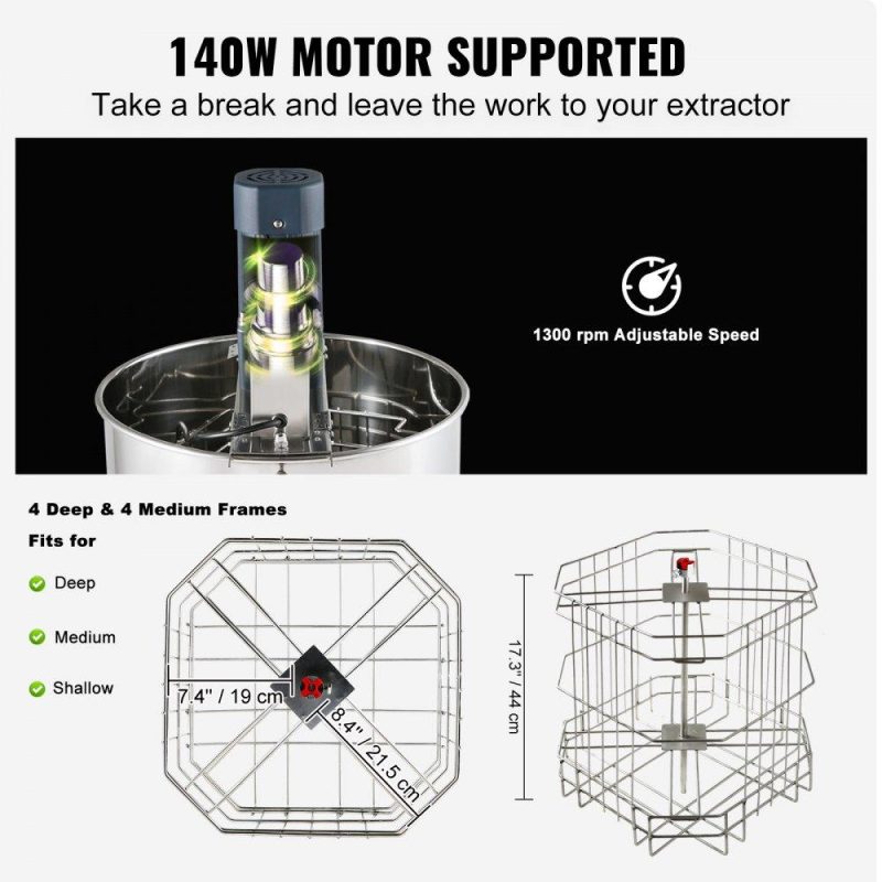 Beekeeping Supplies | Electric Honey Extractor, 4/8 Frames Honey Spinner Extractor, Stainless Steel Beekeeping Extraction, Apiary Centrifuge Equipment with Height Adjustable Stand, Honeycomb Drum Spinner with Lid Agriculture & Forestry Equipment Beekeeping Supplies