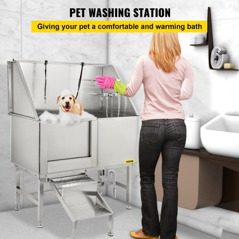 Dog Grooming Tub | 50 Inch Dog Grooming Tub, Professional Stainless Steel Pet Dog Bath Tub, with Steps Faucet & Accessories Dog Washing Station Left Door Agriculture & Forestry Equipment Dog Grooming Tub