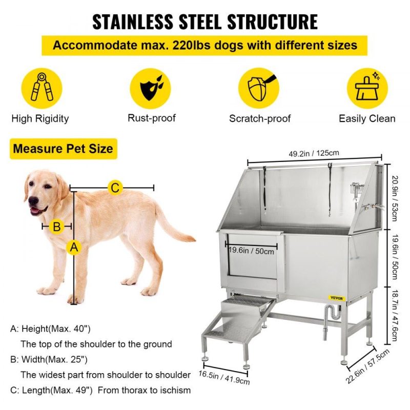 Dog Grooming Tub | 50 Inch Dog Grooming Tub, Professional Stainless Steel Pet Dog Bath Tub, with Steps Faucet & Accessories Dog Washing Station Left Door Agriculture & Forestry Equipment Dog Grooming Tub