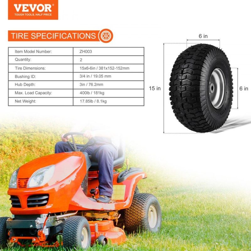 Equipment Parts & Accessories | Lawn Mower Tires, 15×6-6″ Lawn Tractor Tires, 2-Pack Tire and Wheel Assemblies, Turf Pneumatic Tires with 3″ Centered Hub and 3/4″ Bushing Size, 16 PCS Adapters for Riding Mowers Lawn Tractors Agriculture & Forestry Equipment Equipment Parts & Accessories