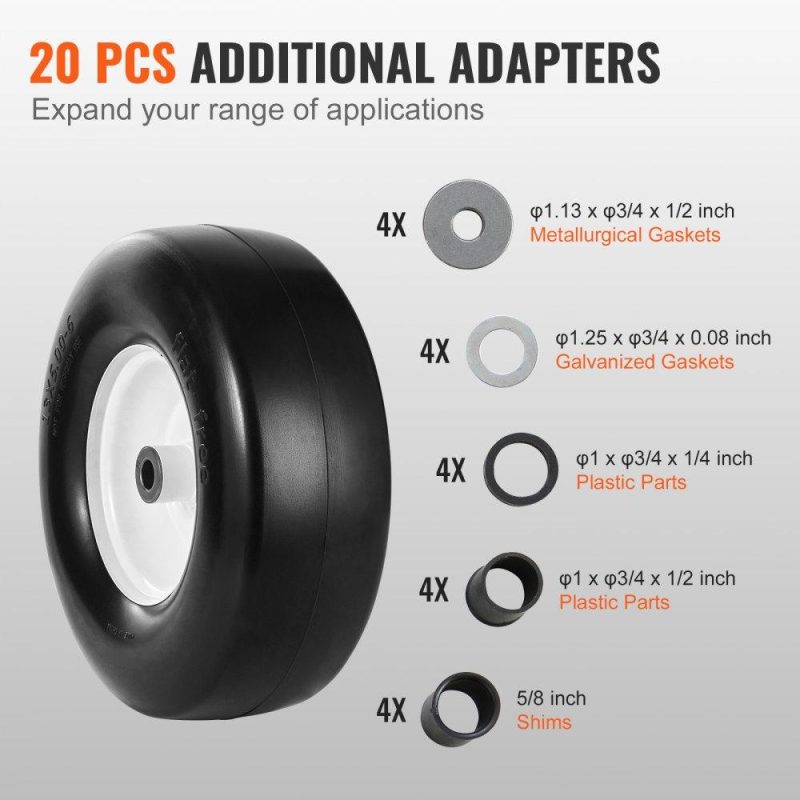 Equipment Parts & Accessories | Lawn Mower Tires with Rim, 13×5-6″ Tubeless Tractor Tires, 2-Pack Tire and Wheel Assembly, Flat-free PU Tires, 3.25″-5.9″ Centered Hub, 3/4″ Bushing Size, 20 PCS Adapter for Lawn Mowers Tractors Agriculture & Forestry Equipment Equipment Parts & Accessories