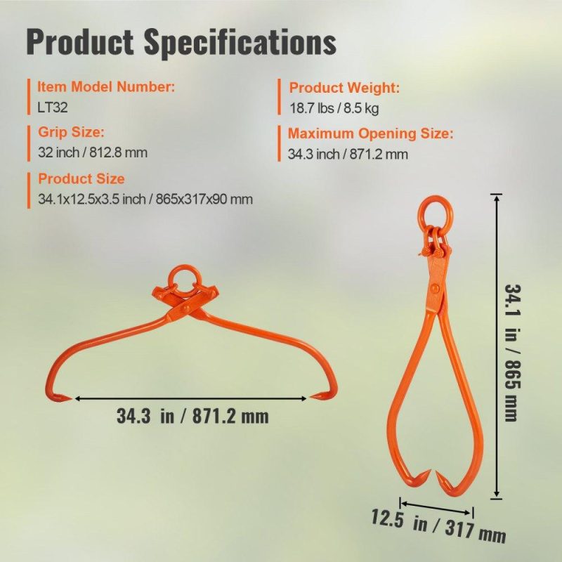 Equipment Parts & Accessories | Log Skidding Tongs, 32 inch 2 Claw Log Lifting Tongs, Heavy Duty Steel Lumber Skidding Tongs, 1543 lbs/700 kg Loading Capacity, Log Lifting, Handling, Dragging & Carrying Tool Agriculture & Forestry Equipment Equipment Parts & Accessories