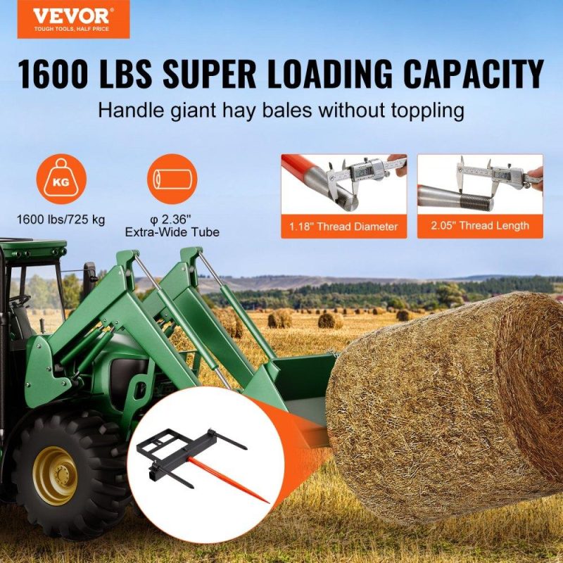 Hay Spear | 39″ Hay Spear, Bale Spears 1600lbs Loading Capacity, Skid Steer Loader Tractor Bucket Attachment with 2pcs 17.5″ Stabilizer Spears and 60″ Chain, Quick Attach Spike Forks Agriculture & Forestry Equipment Hay Spear