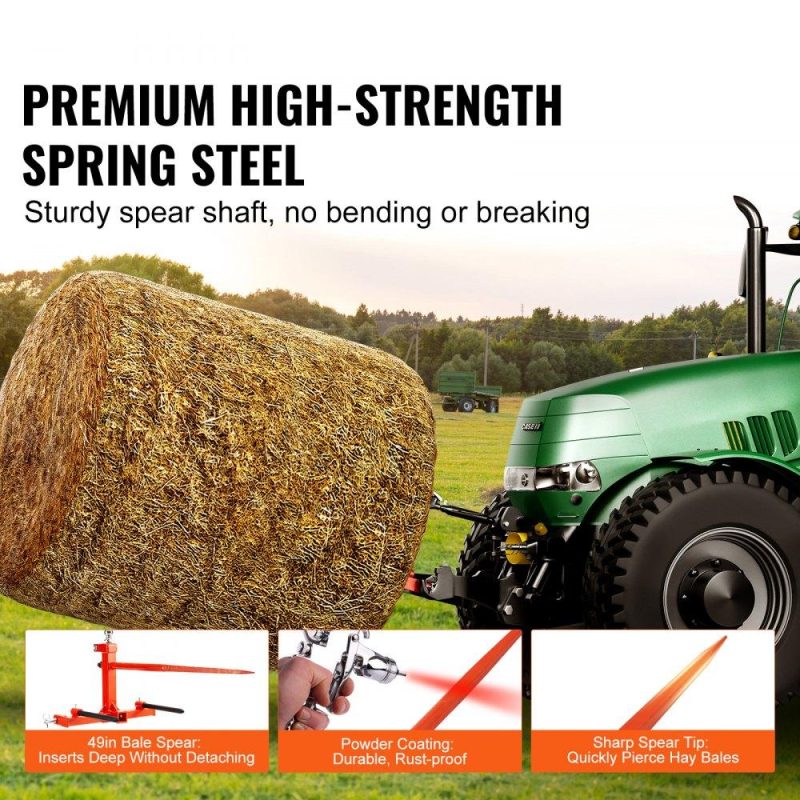 Hay Spear | 49″ Hay Spear, Bale Spears 1600lbs Loading Capacity, Three-Point Hitch Tractor Attachment with 2pcs 17.5″ Stabilizer Spears, Quick Attach Spike Forks Agriculture & Forestry Equipment Hay Spear