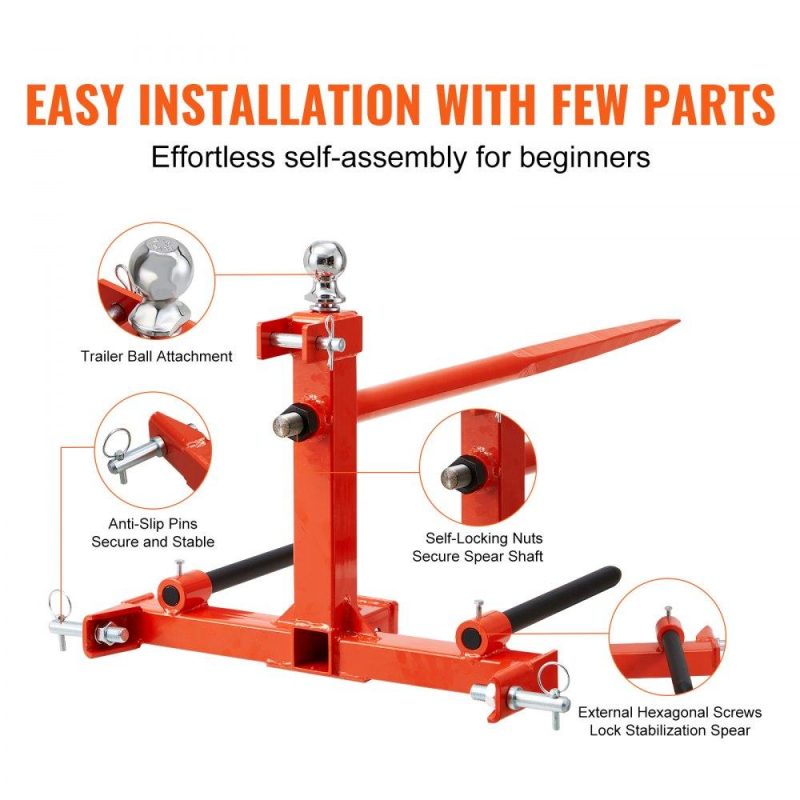 Hay Spear | 49″ Hay Spear, Bale Spears 1600lbs Loading Capacity, Three-Point Hitch Tractor Attachment with 2pcs 17.5″ Stabilizer Spears, Quick Attach Spike Forks Agriculture & Forestry Equipment Hay Spear