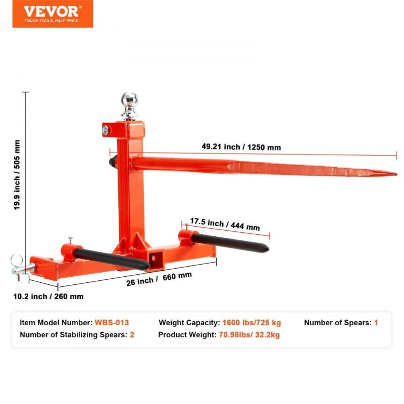 Hay Spear | 49″ Hay Spear, Bale Spears 1600lbs Loading Capacity, Three-Point Hitch Tractor Attachment with 2pcs 17.5″ Stabilizer Spears, Quick Attach Spike Forks Agriculture & Forestry Equipment Hay Spear