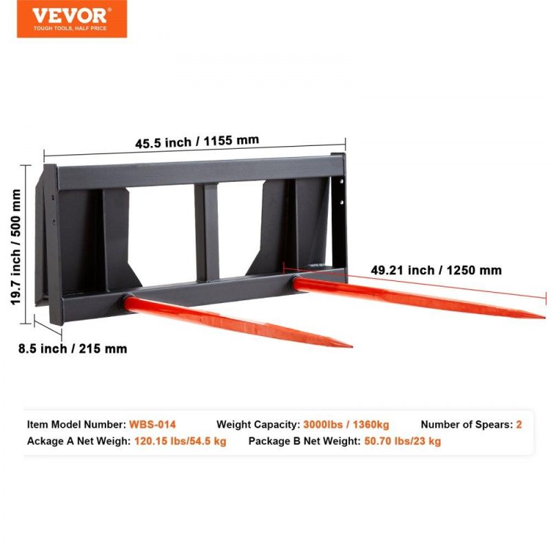 Hay Spear | 49″ Hay Spear, Bale Spears 3000lbs Loading Capacity, Skid Steer Loader Tractor Attachment 2pcs Spears, Quick Attach Spike Forks Agriculture & Forestry Equipment Hay Spear