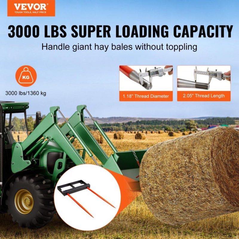 Hay Spear | 49″ Hay Spear, Bale Spears 3000lbs Loading Capacity, Skid Steer Loader Tractor Bucket Attachment with 2pcs 17.5″ Stabilizer Spears and 60″ Chain, Quick Attach Spike Forks Agriculture & Forestry Equipment Hay Spear