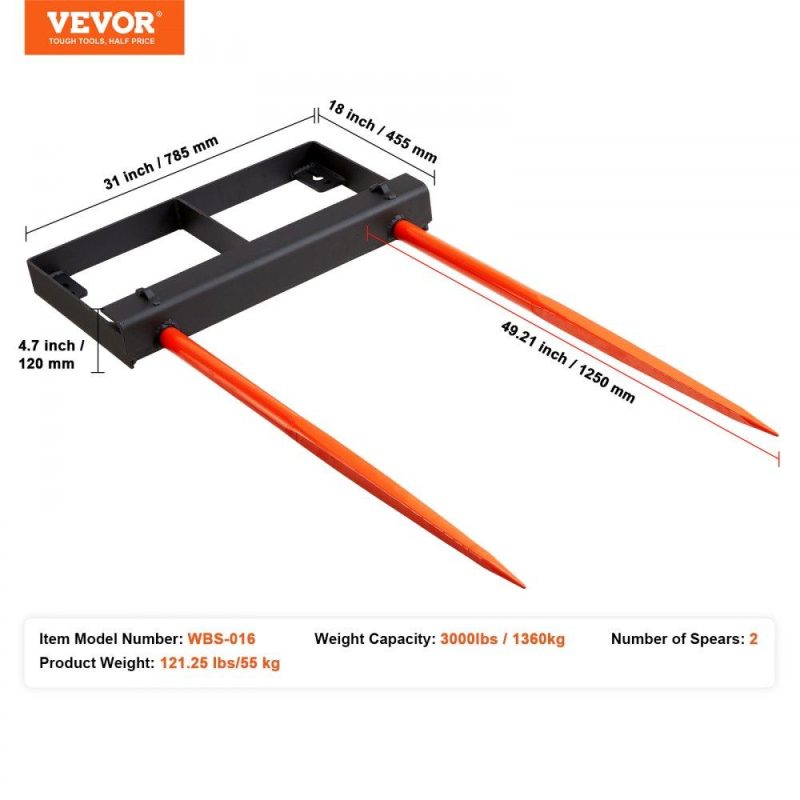 Hay Spear | 49″ Hay Spear, Bale Spears 3000lbs Loading Capacity, Skid Steer Loader Tractor Bucket Attachment with 2pcs 17.5″ Stabilizer Spears and 60″ Chain, Quick Attach Spike Forks Agriculture & Forestry Equipment Hay Spear