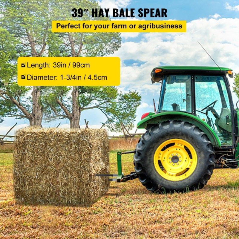 Hay Spear | Hay Spear 39″ Bale Spear 3600 lbs Capacity, Bale Spike Quick Attach Square Hay Bale Spears 1 3/4″, Black Coated Bale Forks, Bale Hay Spike with Hex Nut and Sleeve for Buckets Tractors Loaders Agriculture & Forestry Equipment Hay Spear