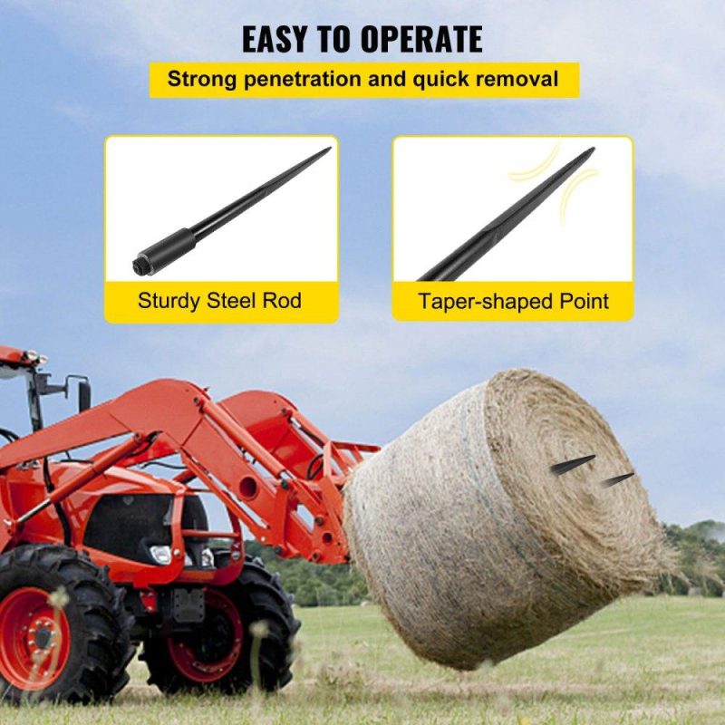 Hay Spear | Hay Spears, 49inch Hay Bale Spear, 3000lbs Bale Hay Spike, 1.75inch Wide Spike Fork Tine, Black Coated Hay Spear Attachment with Sleeve and Nut, 1 Pair for Tractors Loaders Buckets Skid-steers Black Agriculture & Forestry Equipment Black