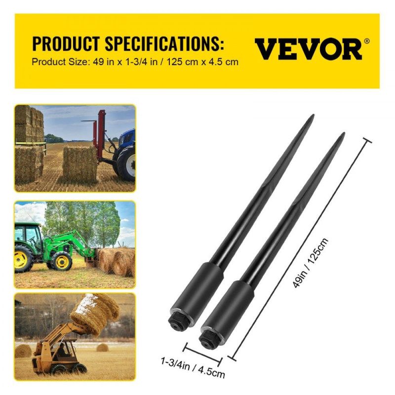 Hay Spear | Hay Spears, 49inch Hay Bale Spear, 3000lbs Bale Hay Spike, 1.75inch Wide Spike Fork Tine, Black Coated Hay Spear Attachment with Sleeve and Nut, 1 Pair for Tractors Loaders Buckets Skid-steers Black Agriculture & Forestry Equipment Black