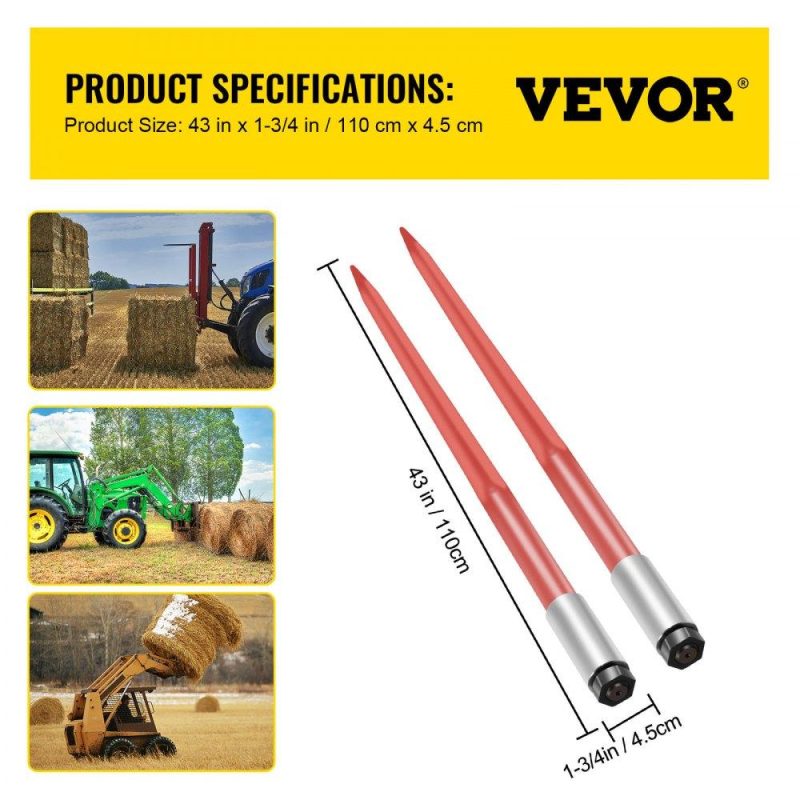 Hay Spear | Pair Hay Spear 43″ Bale Spear 3000 lbs Capacity, Bale Spike Quick Attach Square Hay Bale Spears 1 3/4″, Red Coated Bale Forks, Bale Hay Spike with Hex Nut & Sleeve for Buckets Tractors Loaders Red Agriculture & Forestry Equipment Hay Spear