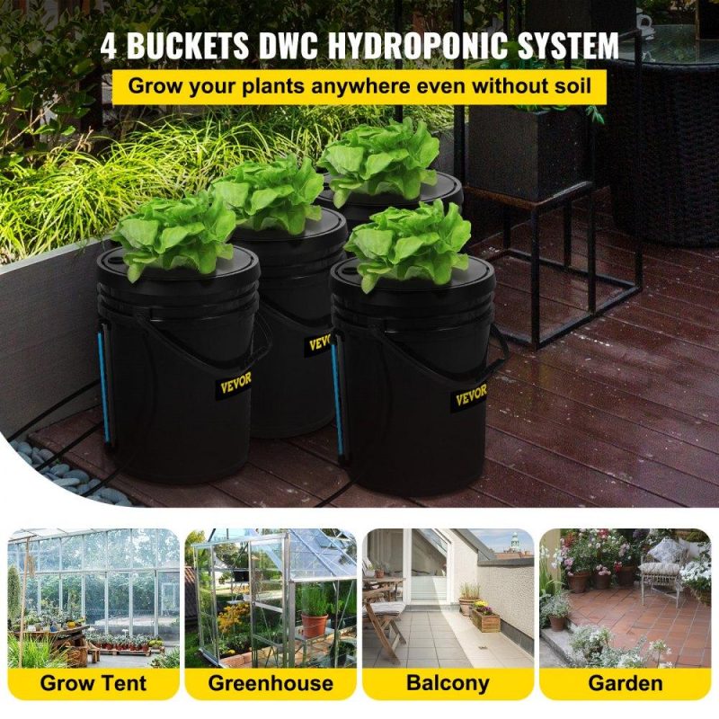 Hydroponics | DWC Hydroponic System, 5 Gallon 4 Buckets, Deep Water Culture Growing Bucket, Hydroponics Grow Kit with Pump, Air Stone and Water Level Device, for Indoor/Outdoor Leafy Vegetables Hydroponics Hydroponics