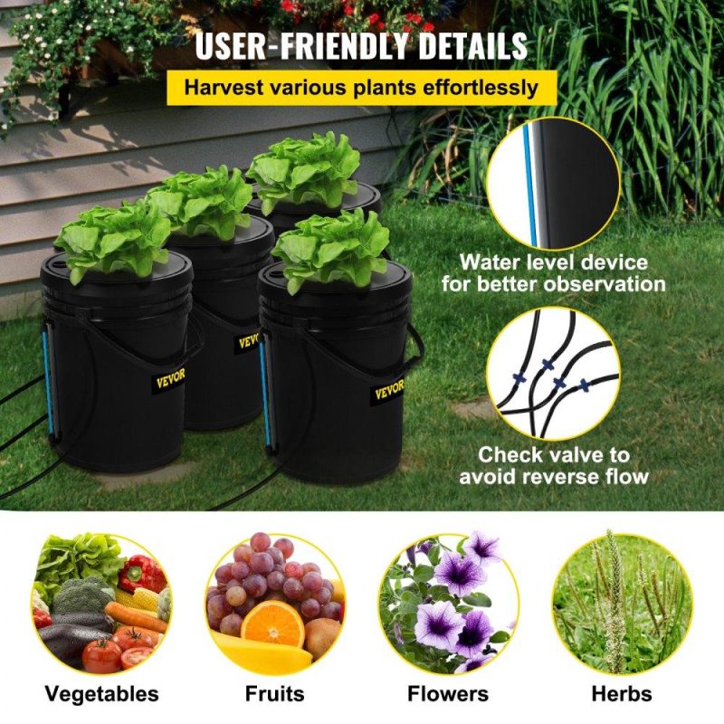 Hydroponics | DWC Hydroponic System, 5 Gallon 4 Buckets, Deep Water Culture Growing Bucket, Hydroponics Grow Kit with Pump, Air Stone and Water Level Device, for Indoor/Outdoor Leafy Vegetables Hydroponics Hydroponics