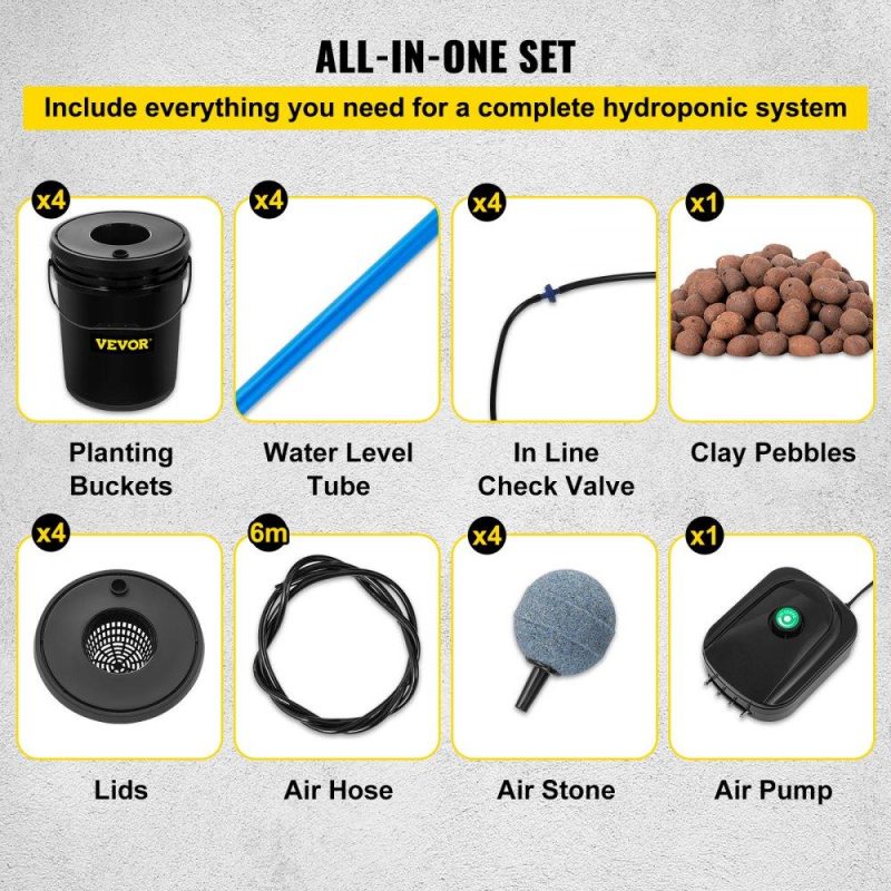 Hydroponics | DWC Hydroponic System, 5 Gallon 4 Buckets, Deep Water Culture Growing Bucket, Hydroponics Grow Kit with Pump, Air Stone and Water Level Device, for Indoor/Outdoor Leafy Vegetables Hydroponics Hydroponics