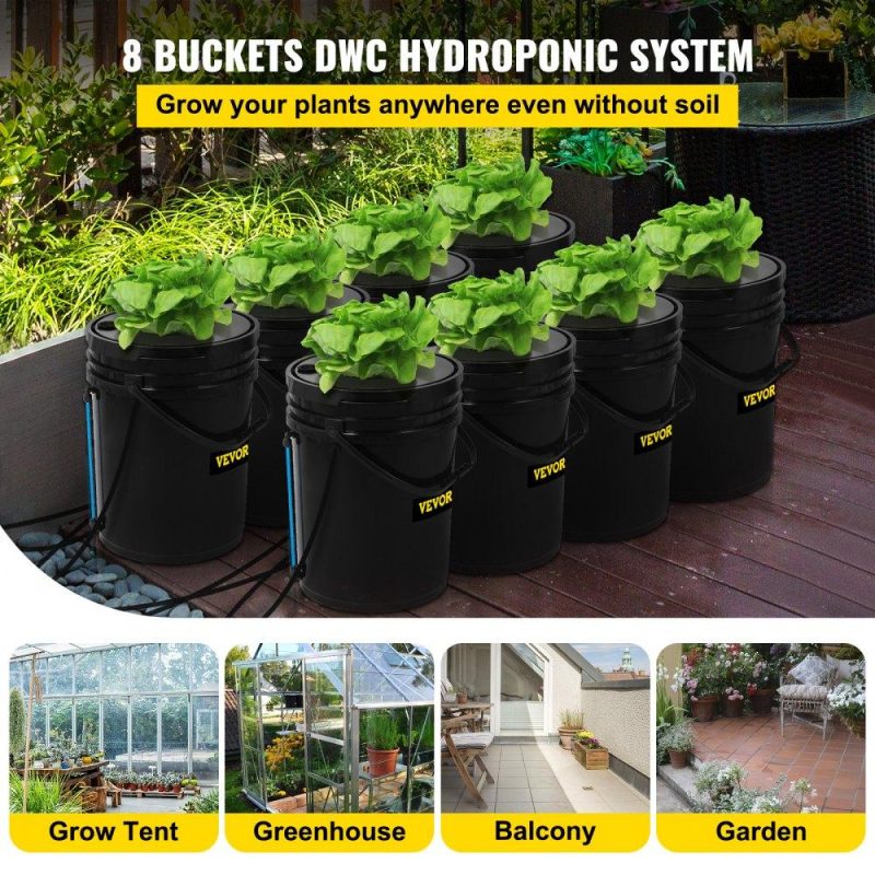 Hydroponics | DWC Hydroponic System, 5 Gallon 8 Buckets, Deep Water Culture Growing Bucket, Hydroponics Grow Kit with Pump, Air Stone and Water Level Device, for Indoor/Outdoor Leafy Vegetables Hydroponics Hydroponics