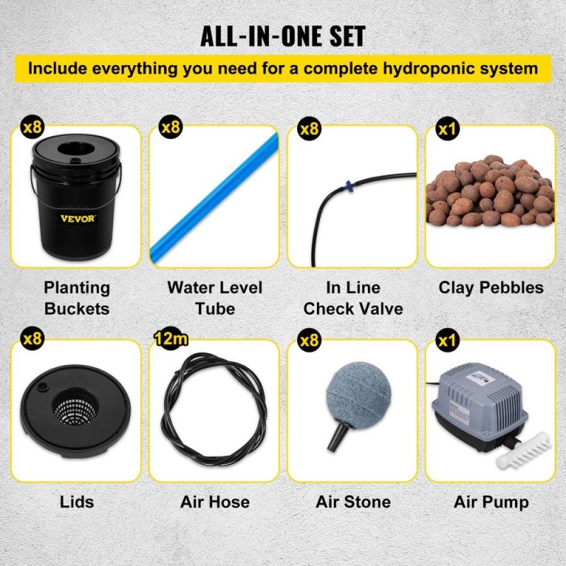 Hydroponics | DWC Hydroponic System, 5 Gallon 8 Buckets, Deep Water Culture Growing Bucket, Hydroponics Grow Kit with Pump, Air Stone and Water Level Device, for Indoor/Outdoor Leafy Vegetables Hydroponics Hydroponics