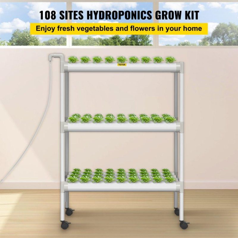 Hydroponics | Hydroponics Growing System, 108 Sites 12 Food-Grade PVC-U Pipes, 3 Layers Indoor Planting Kit with Water Pump, Timer, Nest Basket, Sponge, for Fruits, Vegetables, Herbs, White Hydroponics Hydroponics