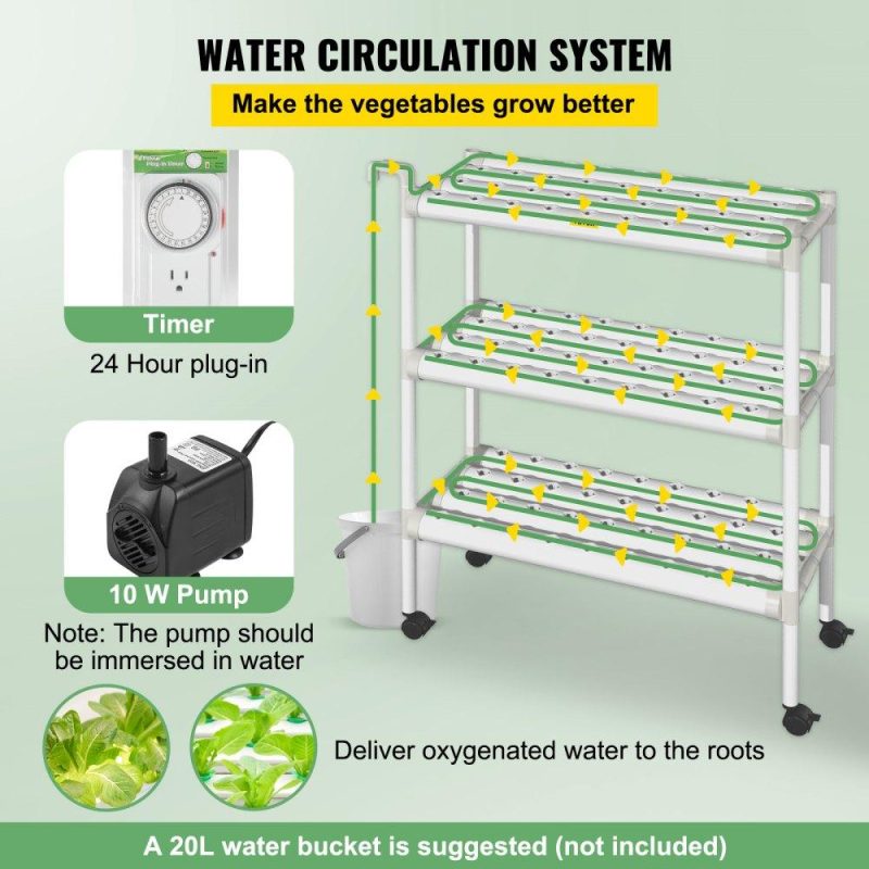 Hydroponics | Hydroponics Growing System, 108 Sites 12 Food-Grade PVC-U Pipes, 3 Layers Indoor Planting Kit with Water Pump, Timer, Nest Basket, Sponge, for Fruits, Vegetables, Herbs, White Hydroponics Hydroponics