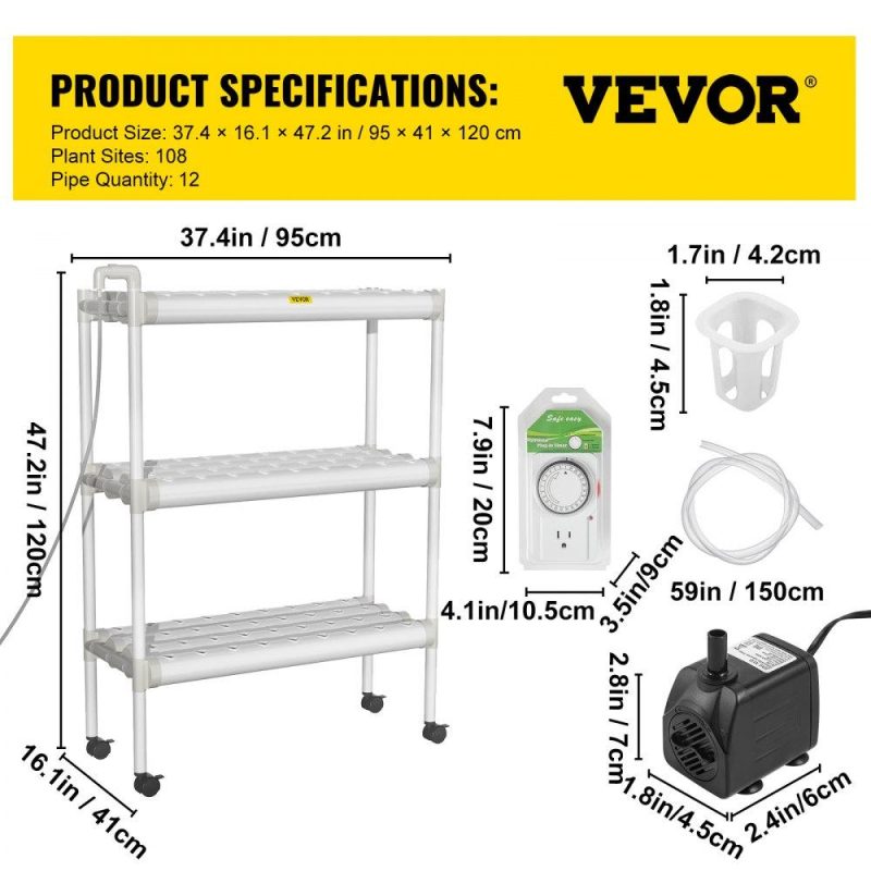 Hydroponics | Hydroponics Growing System, 108 Sites 12 Food-Grade PVC-U Pipes, 3 Layers Indoor Planting Kit with Water Pump, Timer, Nest Basket, Sponge, for Fruits, Vegetables, Herbs, White Hydroponics Hydroponics