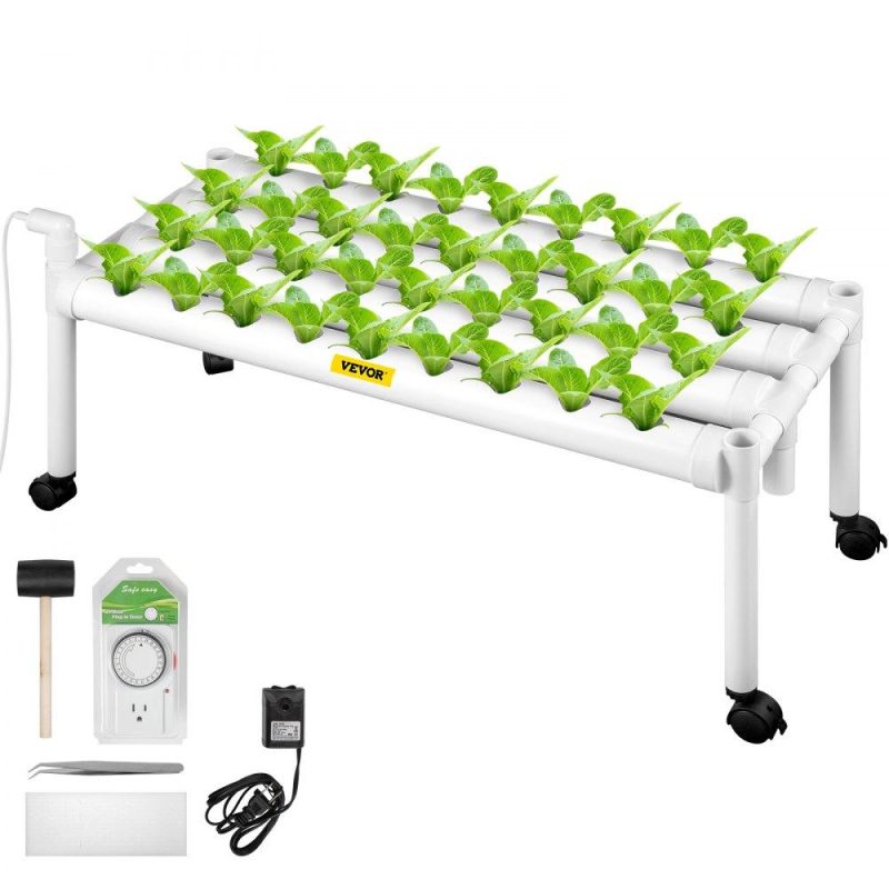 Hydroponics | Hydroponics Growing System, 36 Sites 4 Food-Grade PVC-U Pipes, 1 Layer Indoor Planting Kit with Water Pump, Timer, Nest Basket, Sponge for Fruits, Vegetables, Herb, White Hydroponics Hydroponics