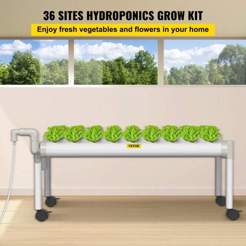 Hydroponics | Hydroponics Growing System, 36 Sites 4 Food-Grade PVC-U Pipes, 1 Layer Indoor Planting Kit with Water Pump, Timer, Nest Basket, Sponge for Fruits, Vegetables, Herb, White Hydroponics Hydroponics