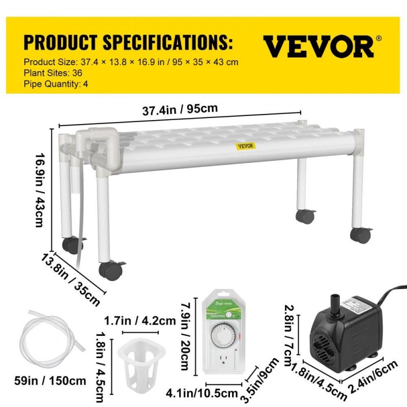 Hydroponics | Hydroponics Growing System, 36 Sites 4 Food-Grade PVC-U Pipes, 1 Layer Indoor Planting Kit with Water Pump, Timer, Nest Basket, Sponge for Fruits, Vegetables, Herb, White Hydroponics Hydroponics