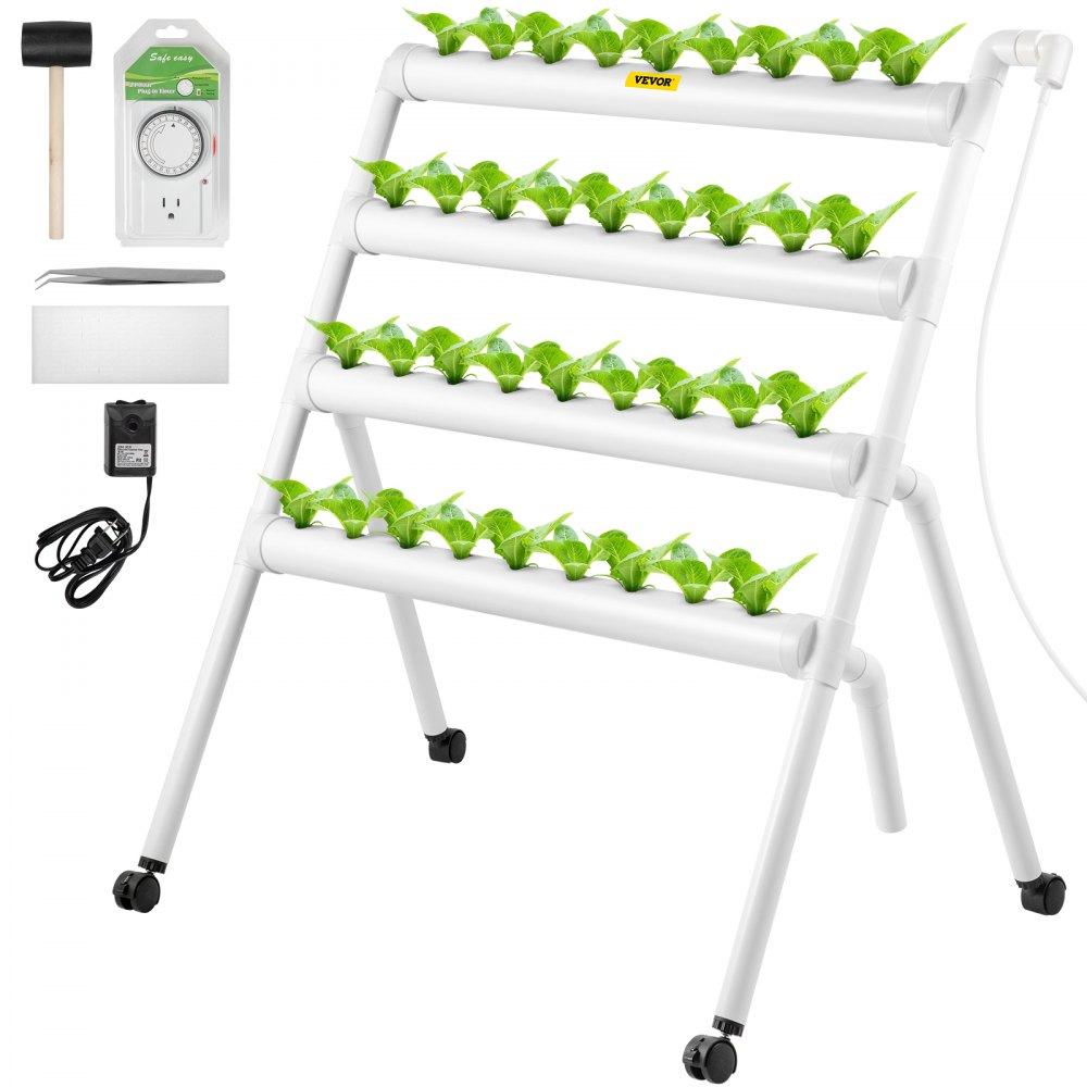 Hydroponics | Hydroponics Growing System, 36 Sites 4 Food-Grade PVC-U Pipes, 4 Layers Indoor Planting Kit with Water Pump, Timer, Nest Basket, Sponge for Fruits, Vegetables, Herb, White Hydroponics Hydroponics