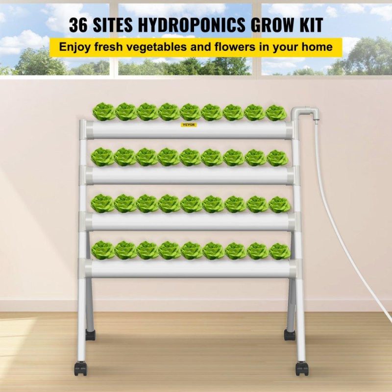 Hydroponics | Hydroponics Growing System, 36 Sites 4 Food-Grade PVC-U Pipes, 4 Layers Indoor Planting Kit with Water Pump, Timer, Nest Basket, Sponge for Fruits, Vegetables, Herb, White Hydroponics Hydroponics