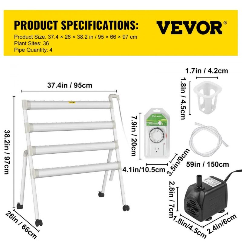 Hydroponics | Hydroponics Growing System, 36 Sites 4 Food-Grade PVC-U Pipes, 4 Layers Indoor Planting Kit with Water Pump, Timer, Nest Basket, Sponge for Fruits, Vegetables, Herb, White Hydroponics Hydroponics