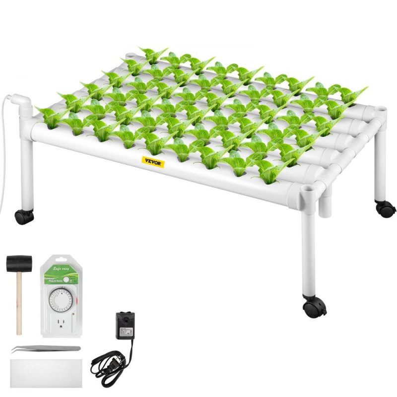 Hydroponics | Hydroponics Growing System, 54 Sites 6 Food-Grade PVC-U Pipes, 1 Layer Indoor Planting Kit with Water Pump, Timer, Nest Basket, Sponge for Fruits, Vegetables, Herb, White Hydroponics Hydroponics