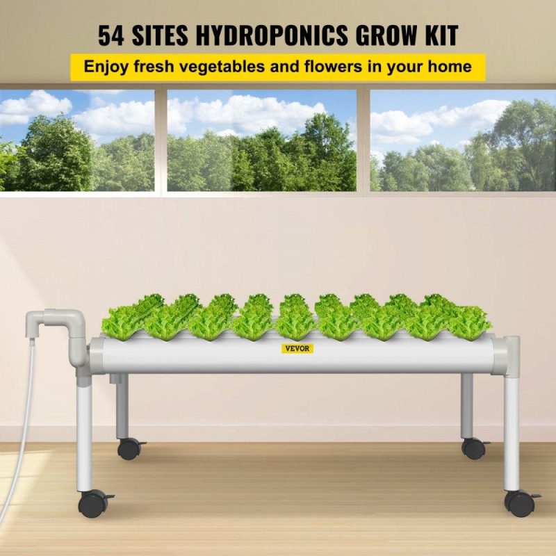 Hydroponics | Hydroponics Growing System, 54 Sites 6 Food-Grade PVC-U Pipes, 1 Layer Indoor Planting Kit with Water Pump, Timer, Nest Basket, Sponge for Fruits, Vegetables, Herb, White Hydroponics Hydroponics