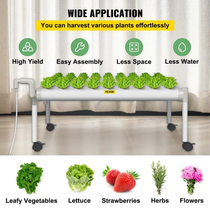 Hydroponics | Hydroponics Growing System, 54 Sites 6 Food-Grade PVC-U Pipes, 1 Layer Indoor Planting Kit with Water Pump, Timer, Nest Basket, Sponge for Fruits, Vegetables, Herb, White Hydroponics Hydroponics